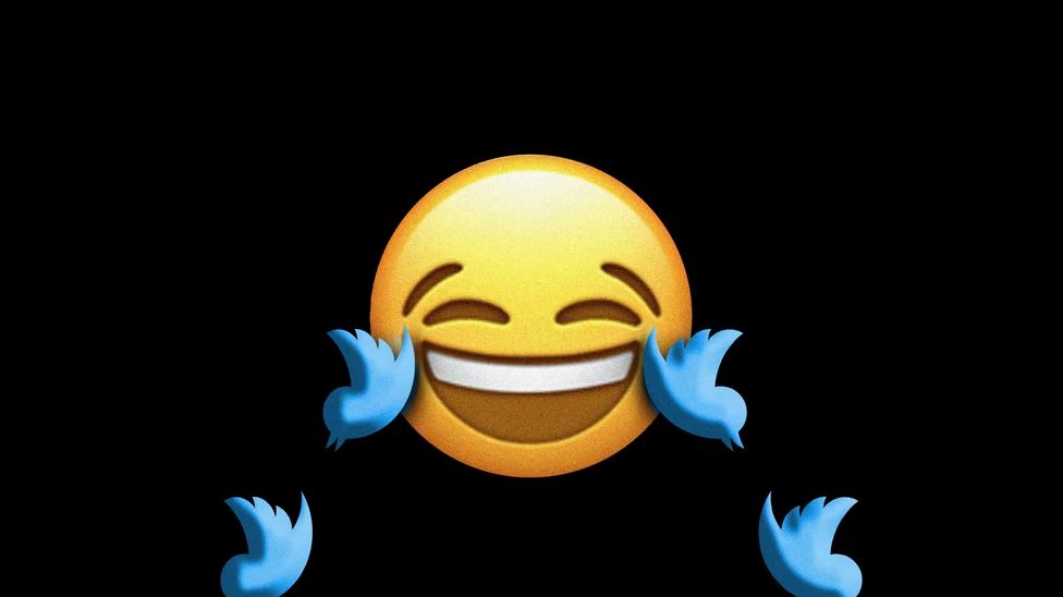 A laughing emoji has Twitter birds positioned to look like tears coming out of its eyes.