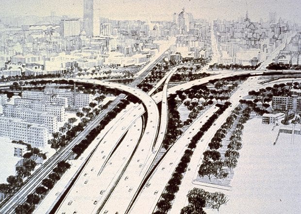 A black and white image of roads cutting through Boston